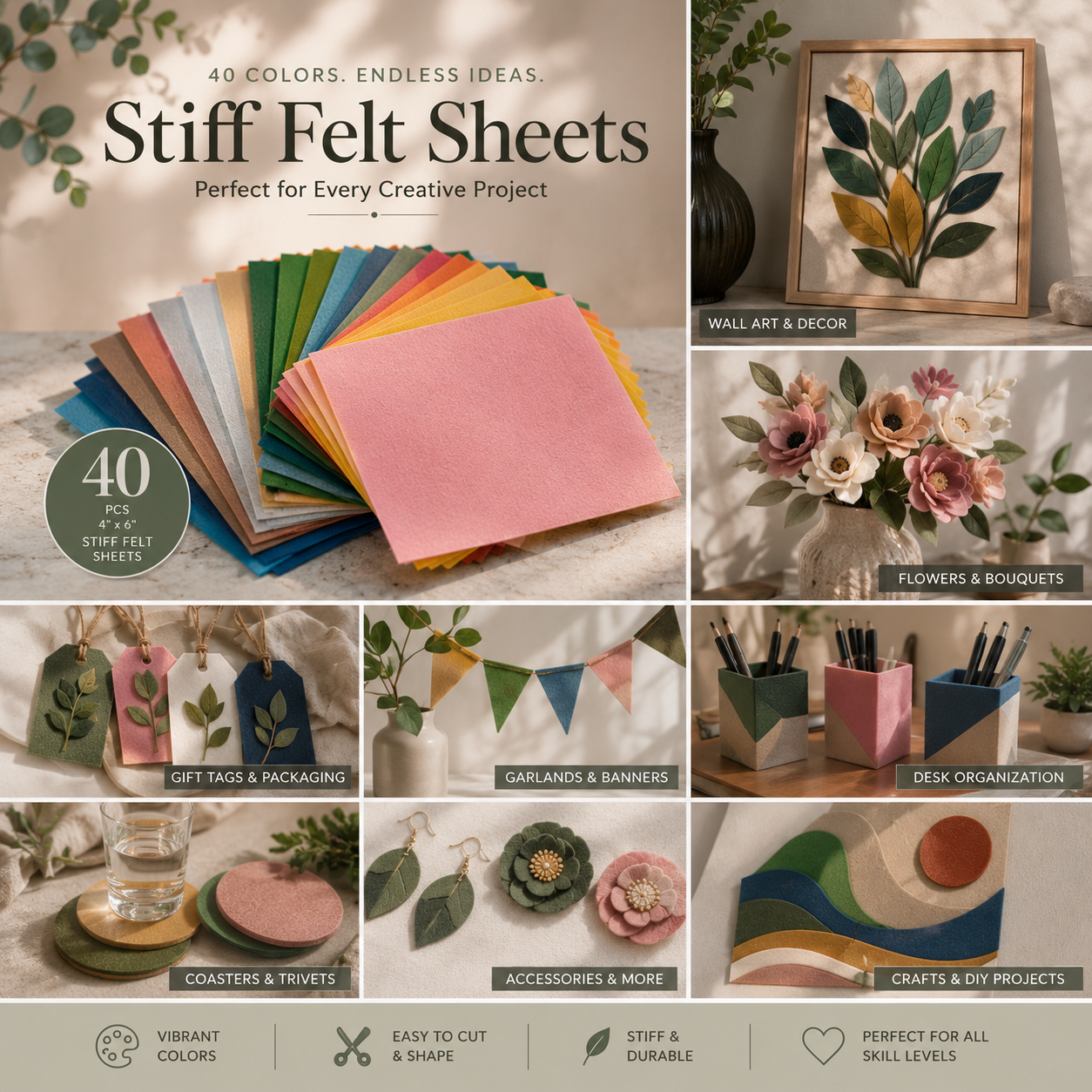 40 PCS 4x6 Stiff Felt Sheets | Assorted Color Felt Pack | Premium Craft Felt Fabric | DIY Sewing Supplies