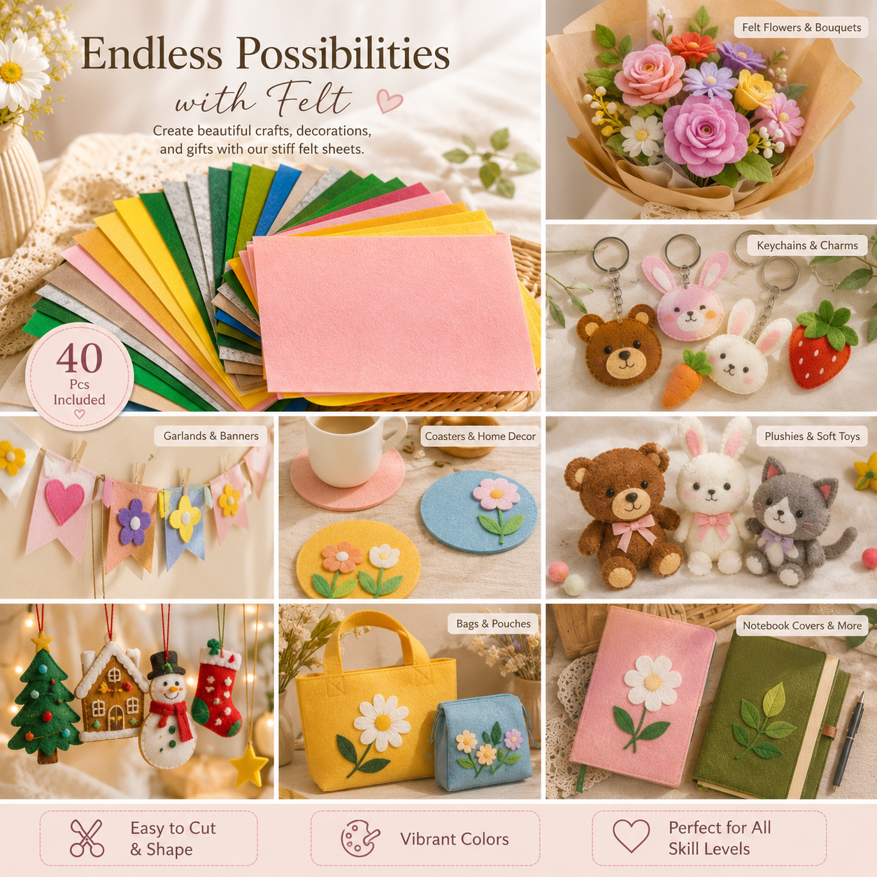 40 PCS 4x6 Stiff Felt Sheets | Assorted Color Felt Pack | Premium Craft Felt Fabric | DIY Sewing Supplies