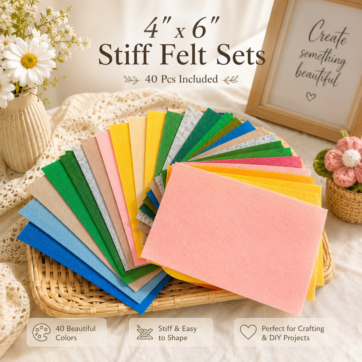 40 PCS 4x6 Stiff Felt Sheets | Assorted Color Felt Pack | Premium Craft Felt Fabric | DIY Sewing Supplies
