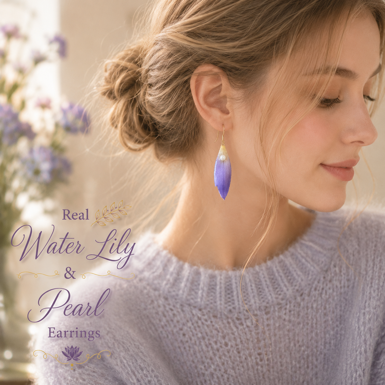 Real Water Lily Petal Earrings | Handmade Pressed Flower Earrings with Pearl | Purple Botanical Dangle Earrings | Nature Inspired Jewelry
