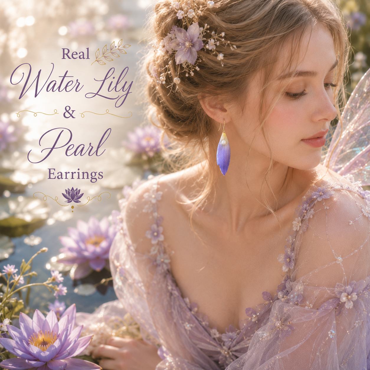 Real Water Lily Petal Earrings | Handmade Pressed Flower Earrings with Pearl | Purple Botanical Dangle Earrings | Nature Inspired Jewelry