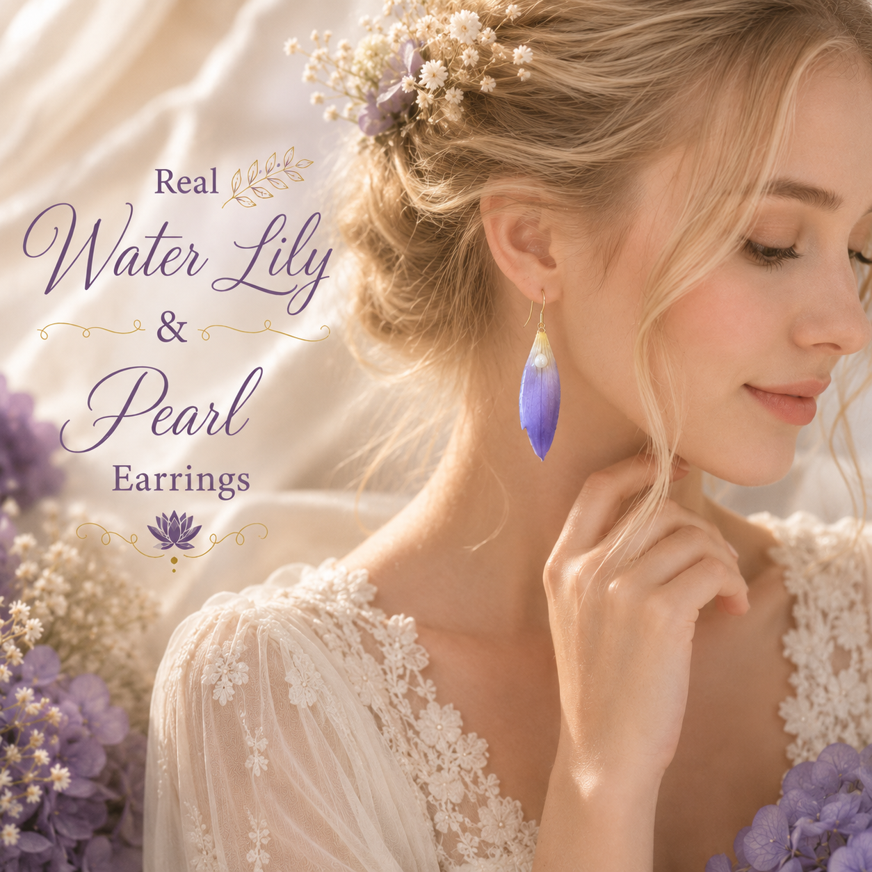 Real Water Lily Petal Earrings | Handmade Pressed Flower Earrings with Pearl | Purple Botanical Dangle Earrings | Nature Inspired Jewelry