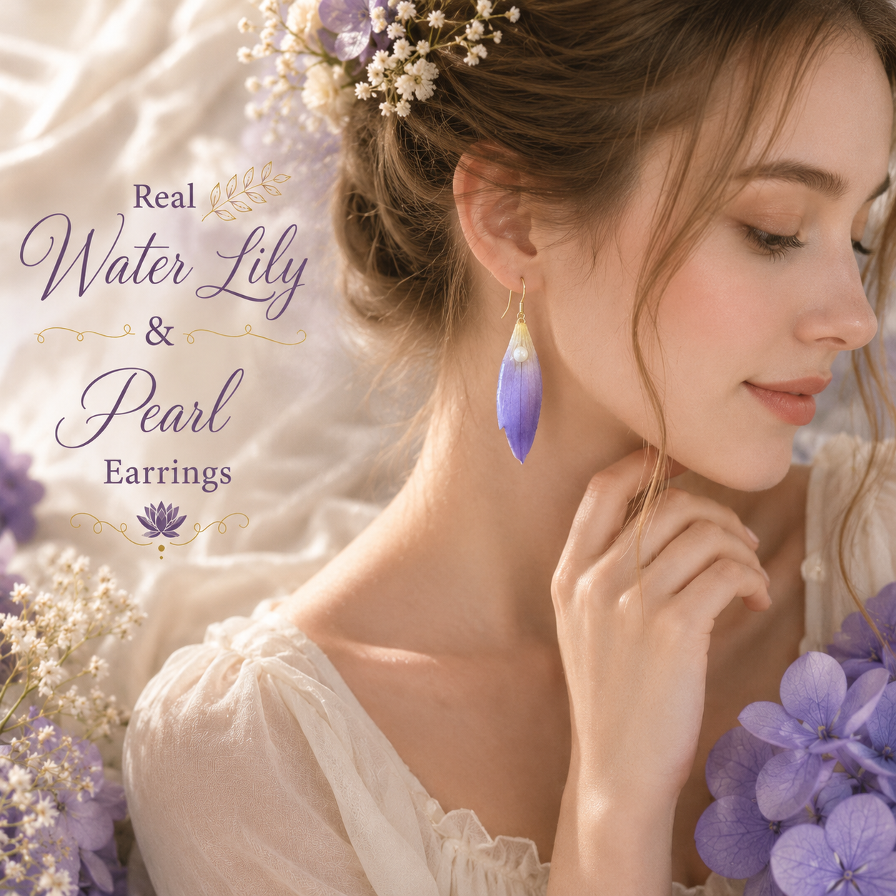 Real Water Lily Petal Earrings | Handmade Pressed Flower Earrings with Pearl | Purple Botanical Dangle Earrings | Nature Inspired Jewelry