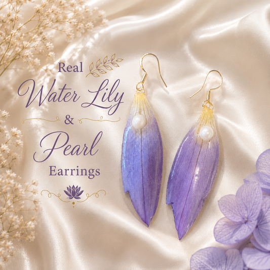 Real Water Lily Petal Earrings | Handmade Pressed Flower Earrings with Pearl | Purple Botanical Dangle Earrings | Nature Inspired Jewelry