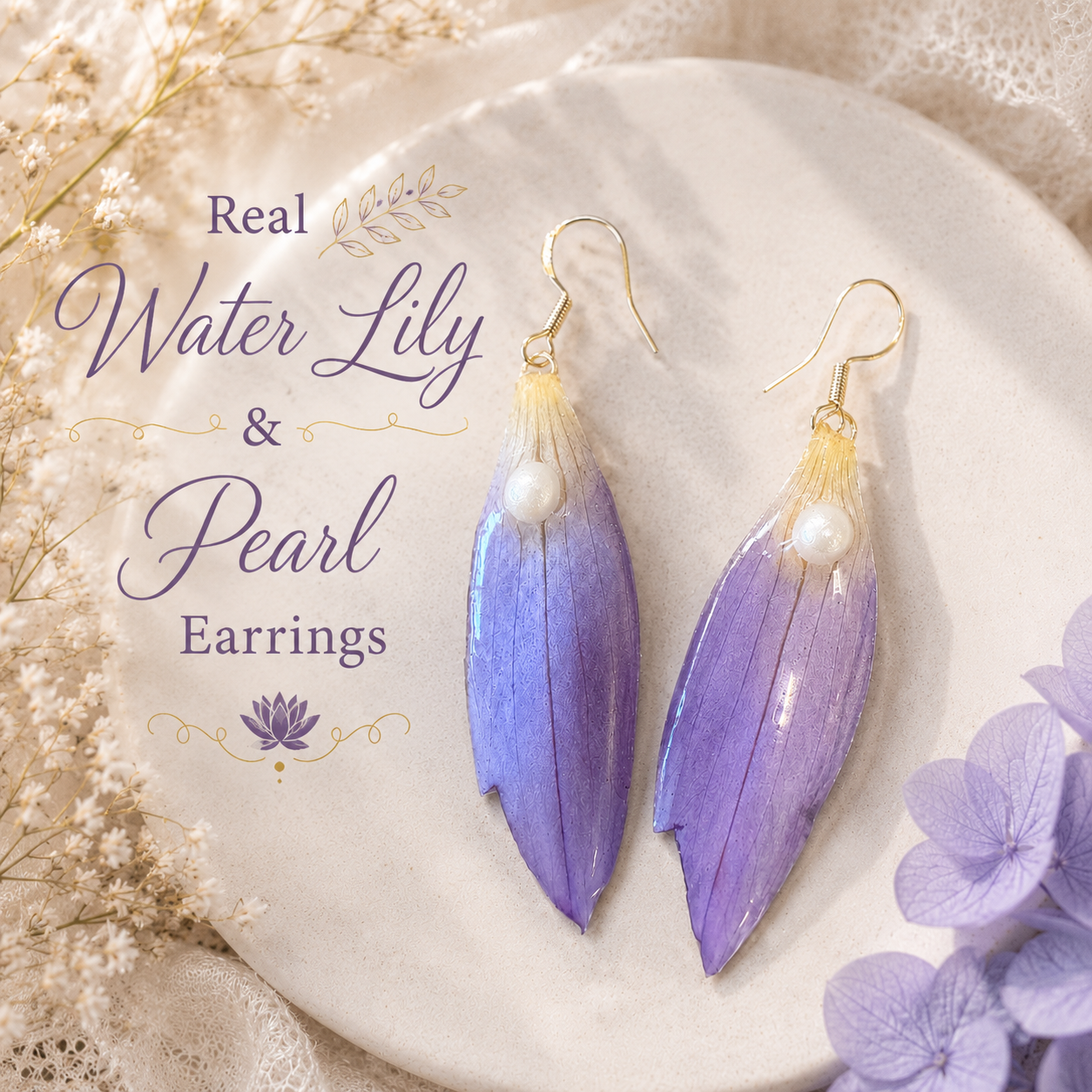 Real Water Lily Petal Earrings | Handmade Pressed Flower Earrings with Pearl | Purple Botanical Dangle Earrings | Nature Inspired Jewelry