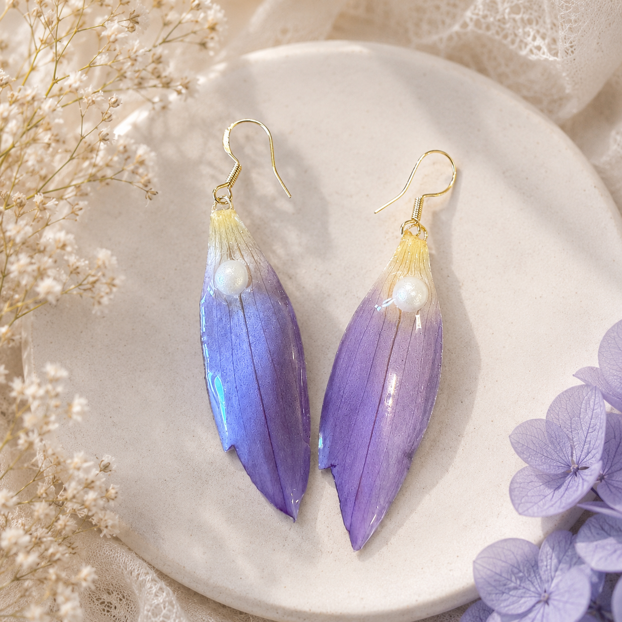 Real Water Lily Petal Earrings | Handmade Pressed Flower Earrings with Pearl | Purple Botanical Dangle Earrings | Nature Inspired Jewelry