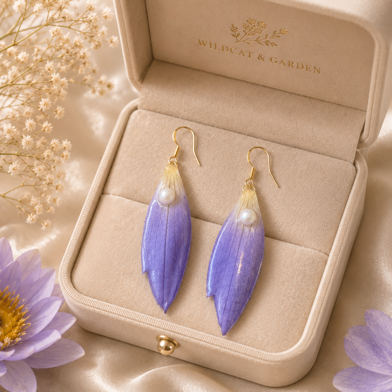 Real Water Lily Petal Earrings | Handmade Pressed Flower Earrings with Pearl | Purple Botanical Dangle Earrings | Nature Inspired Jewelry
