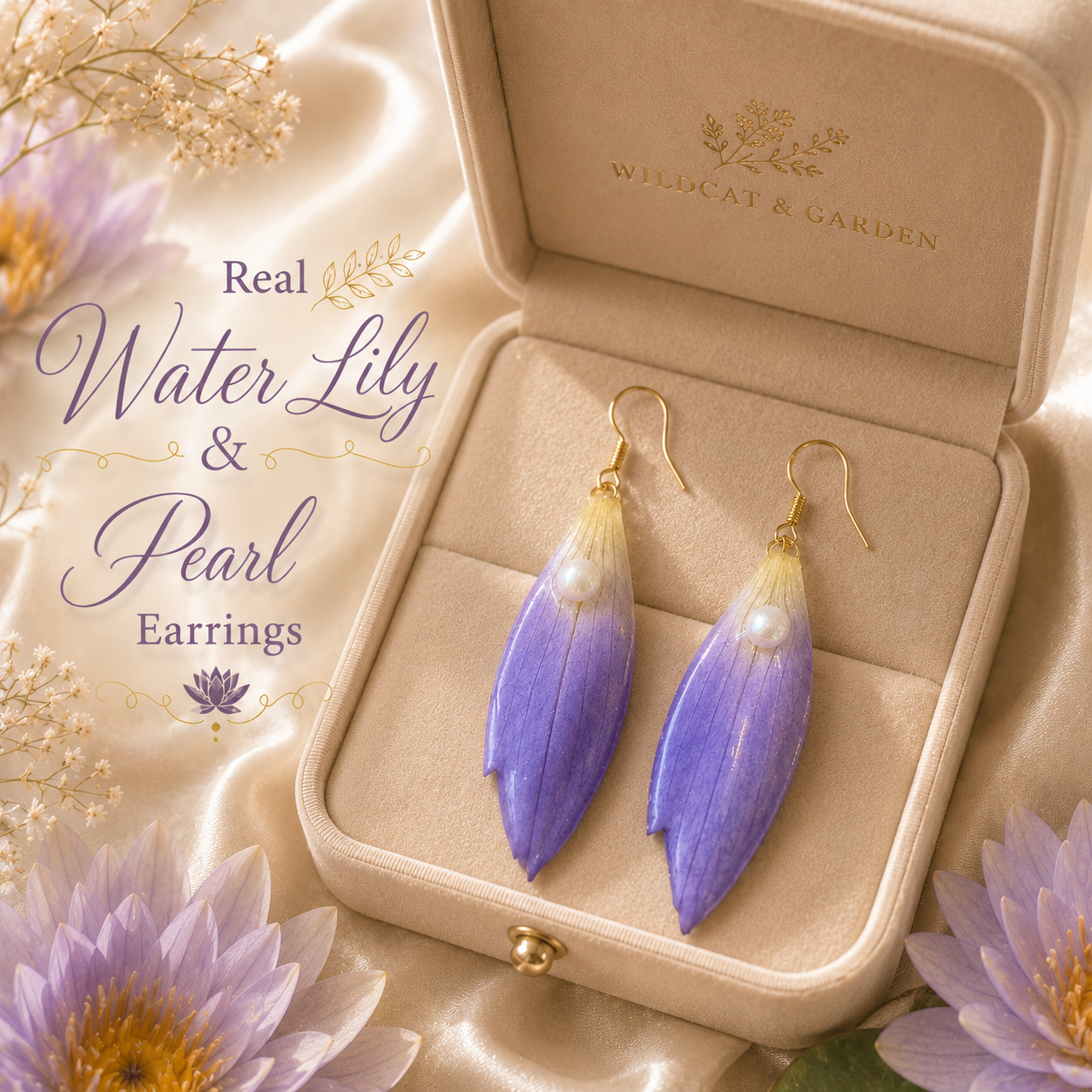 Real Water Lily Petal Earrings | Handmade Pressed Flower Earrings with Pearl | Purple Botanical Dangle Earrings | Nature Inspired Jewelry