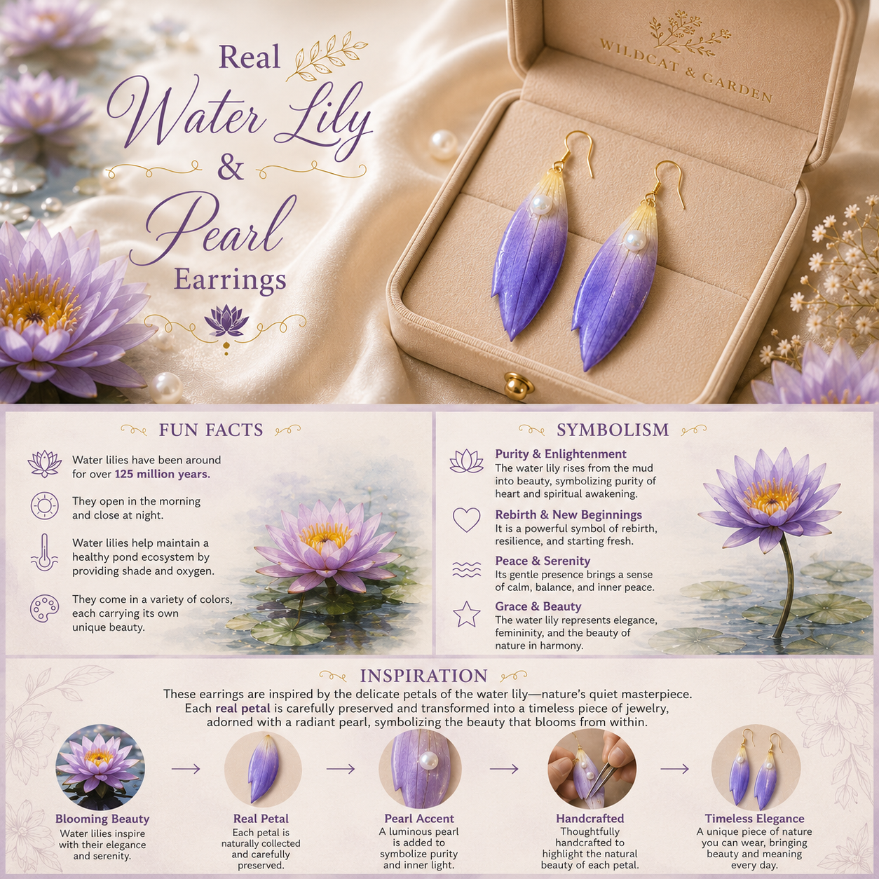 Real Water Lily Petal Earrings | Handmade Pressed Flower Earrings with Pearl | Purple Botanical Dangle Earrings | Nature Inspired Jewelry