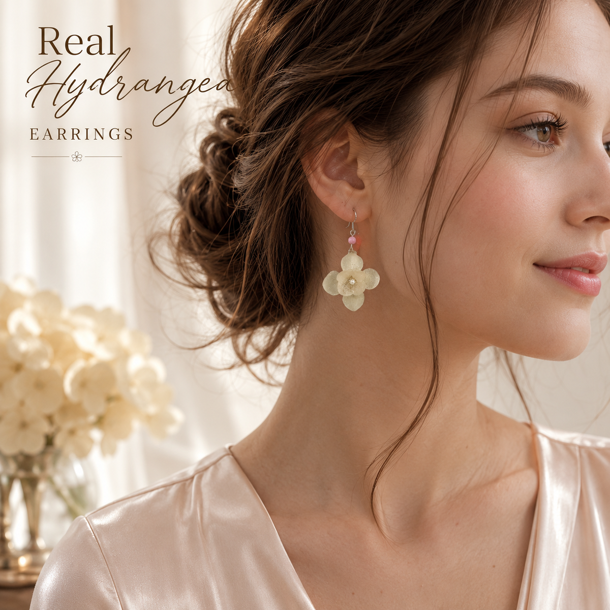 Real White Hydrangea Earrings, Pressed Flower Earrings, Bridal Floral Earrings, Pearl Wedding Jewelry, Botanical Gift for Her