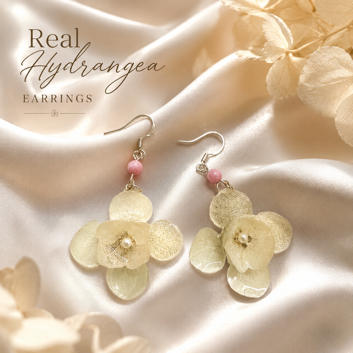 Real White Hydrangea Earrings, Pressed Flower Earrings, Bridal Floral Earrings, Pearl Wedding Jewelry, Botanical Gift for Her