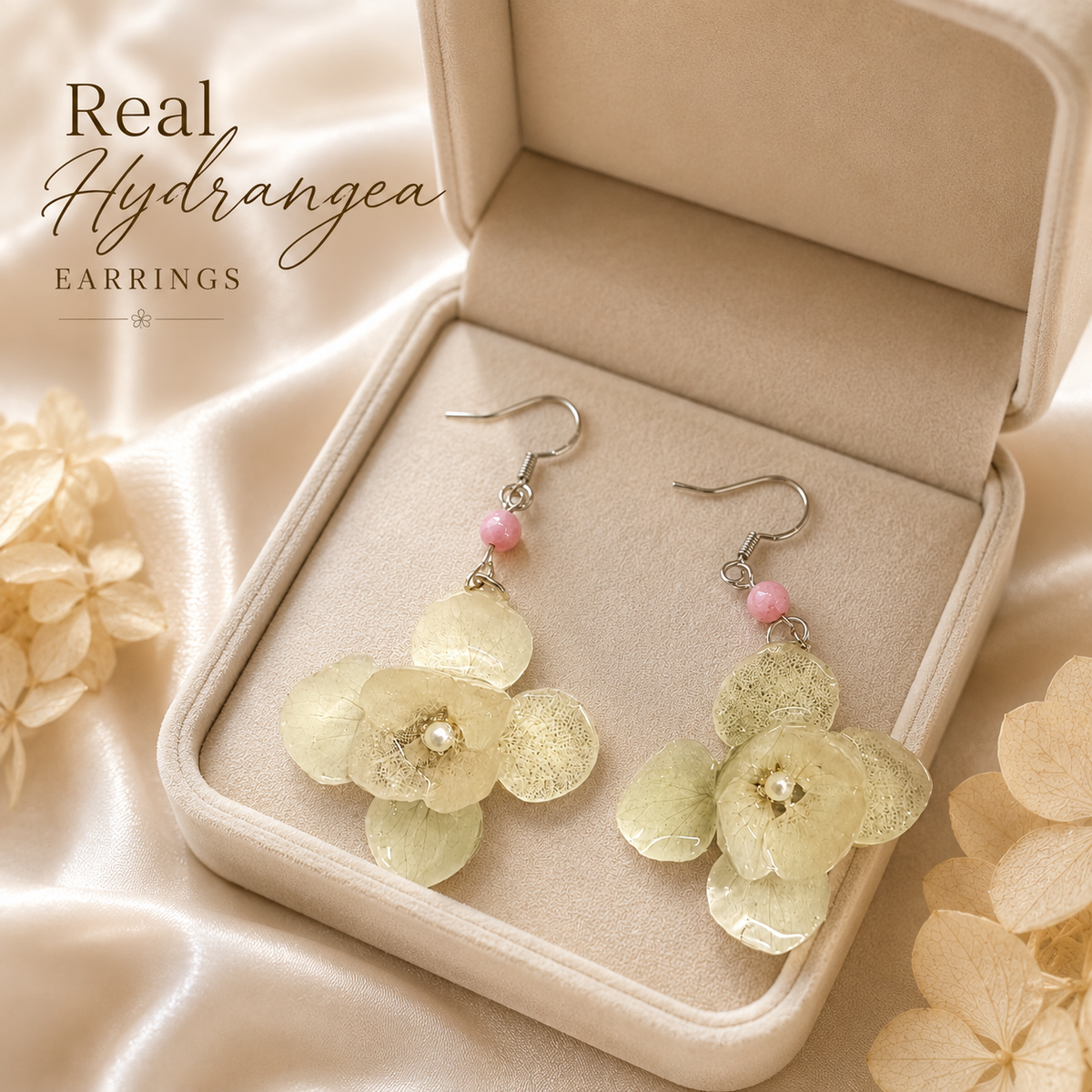 Real White Hydrangea Earrings, Pressed Flower Earrings, Bridal Floral Earrings, Pearl Wedding Jewelry, Botanical Gift for Her
