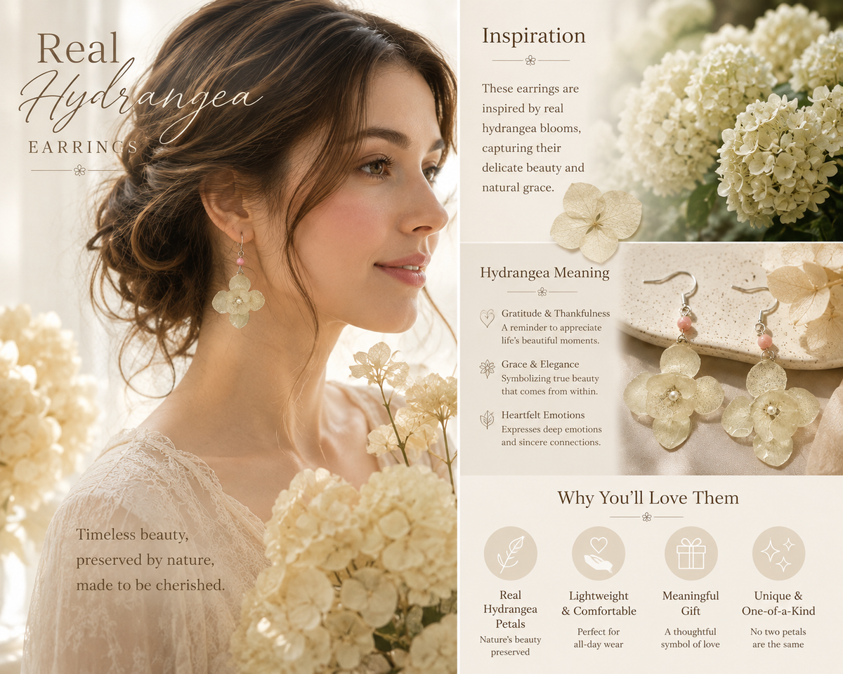 Real White Hydrangea Earrings, Pressed Flower Earrings, Bridal Floral Earrings, Pearl Wedding Jewelry, Botanical Gift for Her