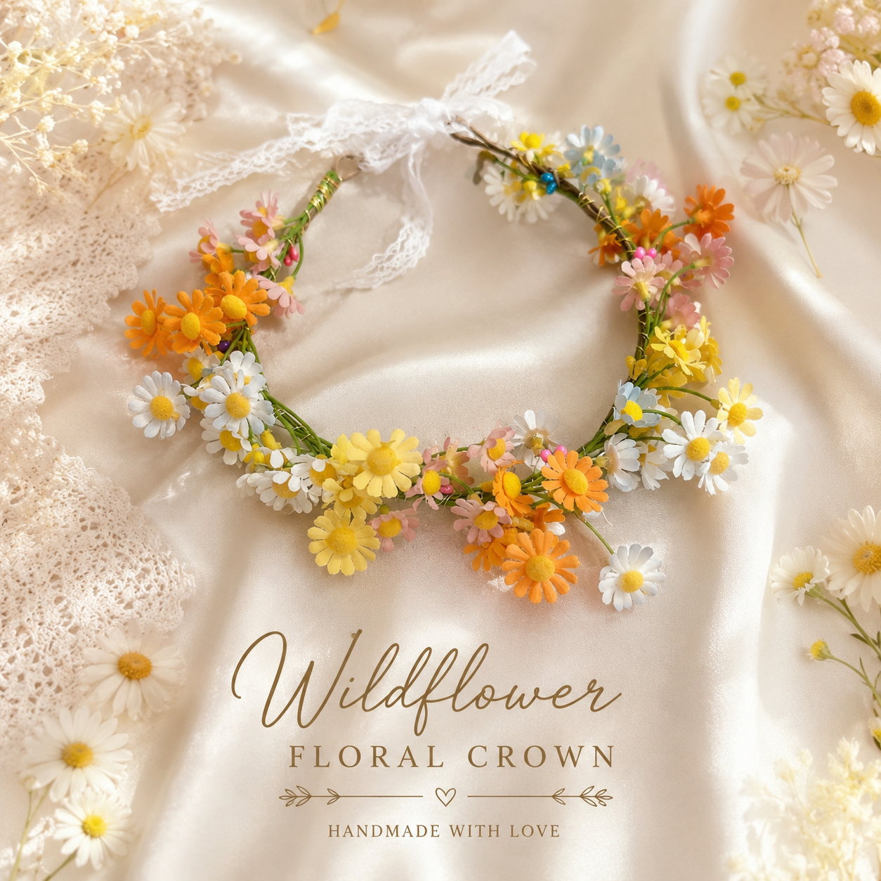 Silk Wildflower Flower Crown, Colorful Daisy Floral Headband, Boho Flower Hair Wreath, Festival Hair Accessory, Bridal Floral Crown