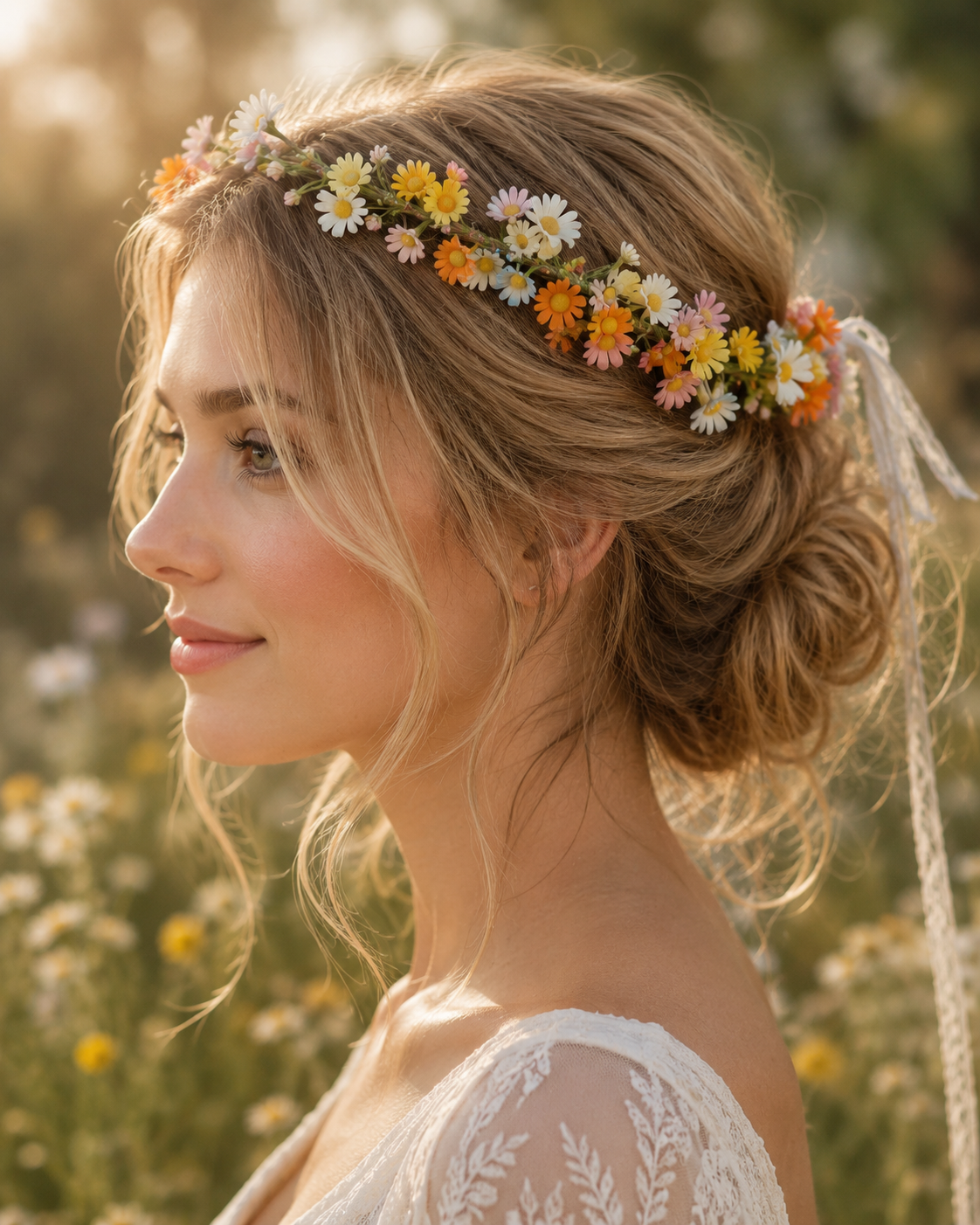Silk Wildflower Flower Crown, Colorful Daisy Floral Headband, Boho Flower Hair Wreath, Festival Hair Accessory, Bridal Floral Crown