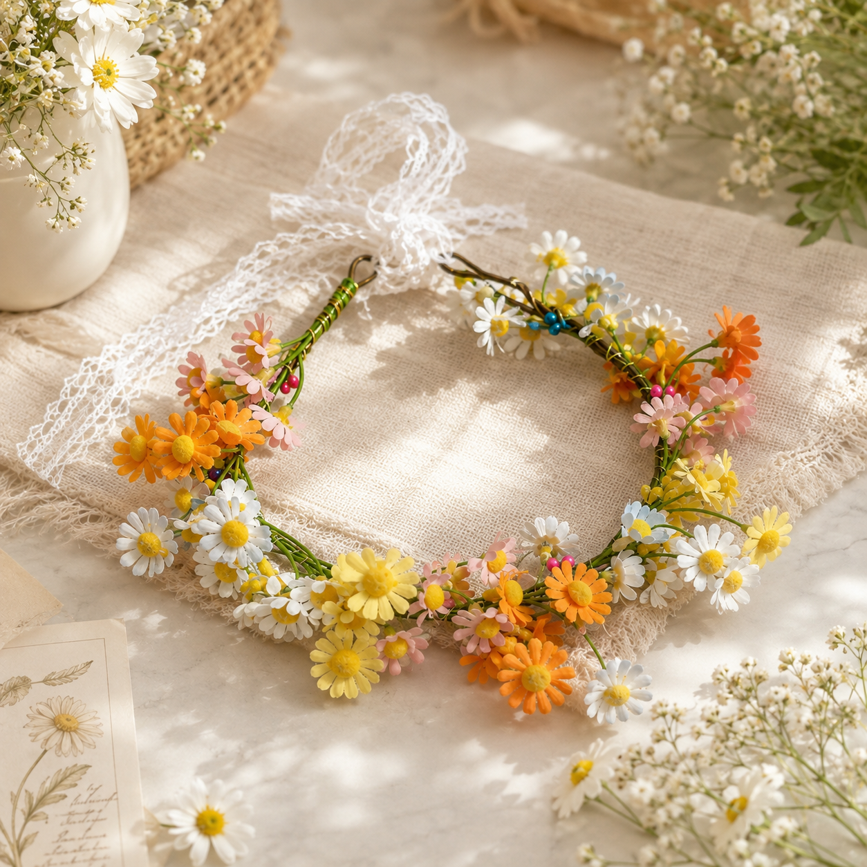 Silk Wildflower Flower Crown, Colorful Daisy Floral Headband, Boho Flower Hair Wreath, Festival Hair Accessory, Bridal Floral Crown