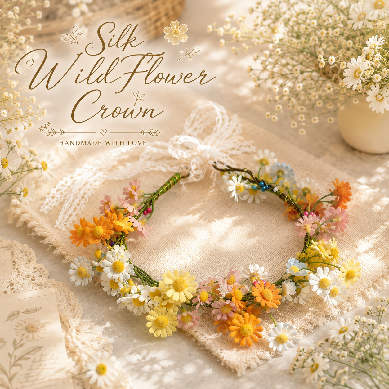 Silk Wildflower Flower Crown, Colorful Daisy Floral Headband, Boho Flower Hair Wreath, Festival Hair Accessory, Bridal Floral Crown