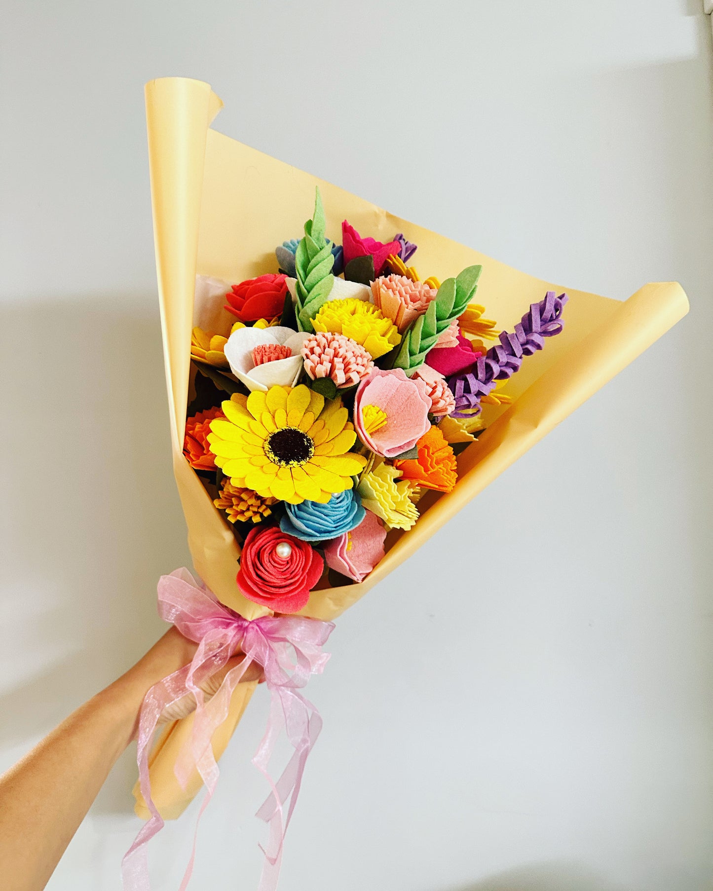 Handmade felt flower bouquet, Sunflowers, Carnations, lavenders, Roses, Morning glories